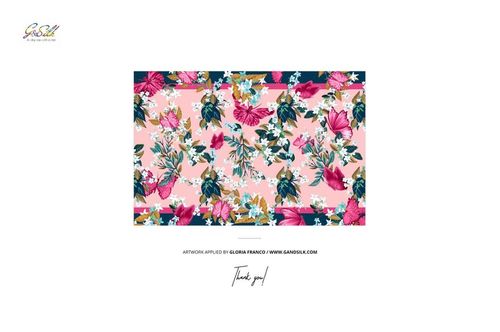 Rectangular habotai silk scarf mockup with vibrant floral pattern in pink, blue, and green on a white background.