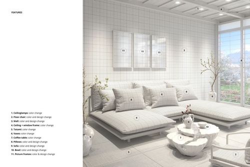 Modern Japanese-style living room mockup with a white sofa, pillows, coffee table, and minimalist decor in soft tones.