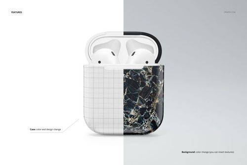Front view of an AirPods case mockup with a split design, featuring a grid pattern on one side and a marble texture on the other.