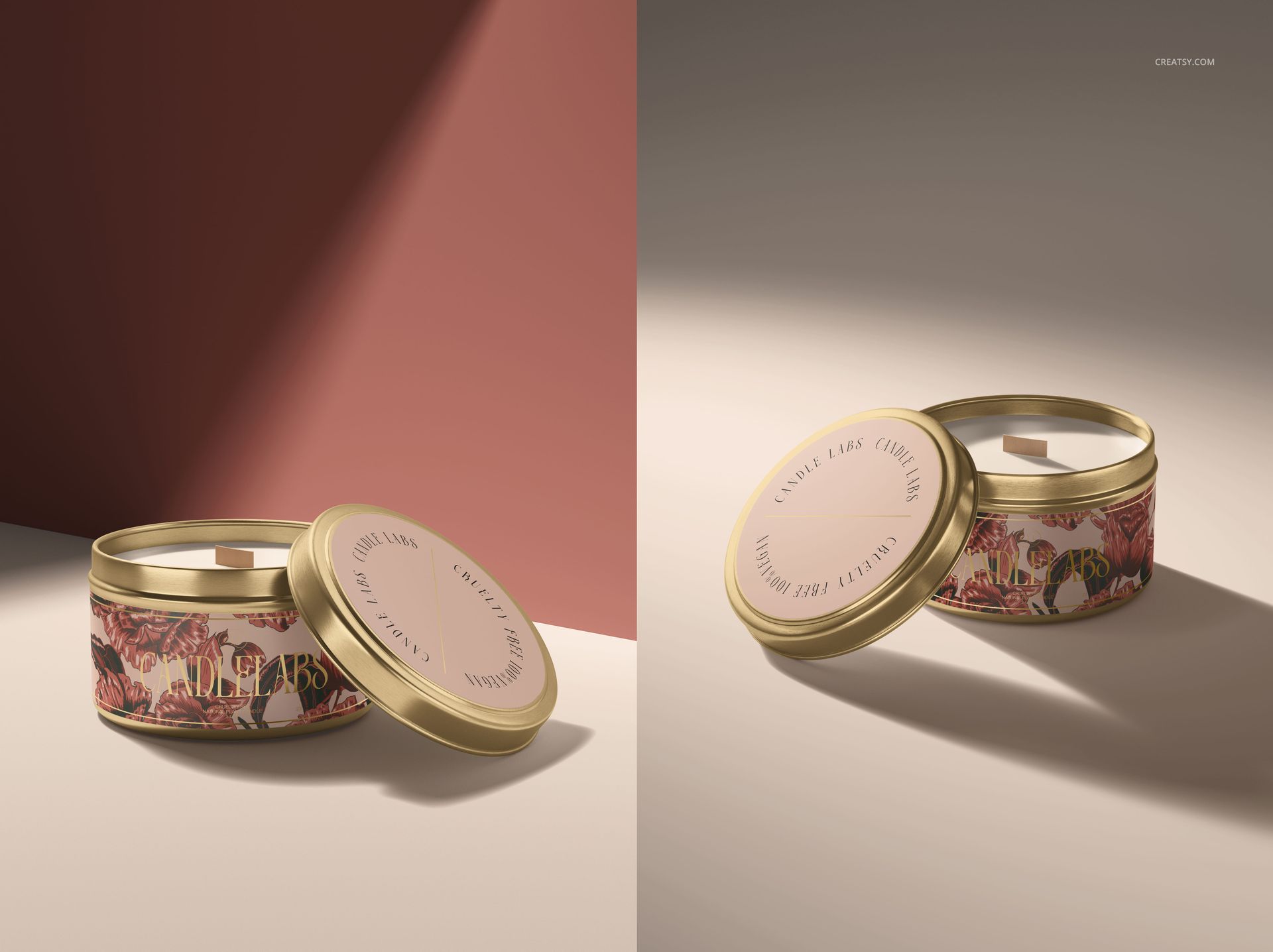4 oz candle tin mockup featuring a gold lid and decorative floral design, displayed on a two-tone surface.