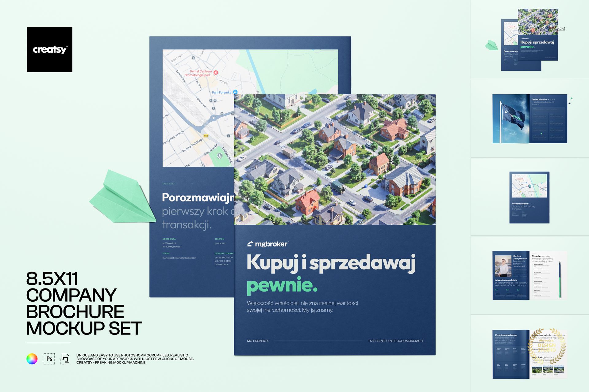 Front view of two 8.5x11 inch company brochure mockups featuring blue covers with map and aerial photo designs.
