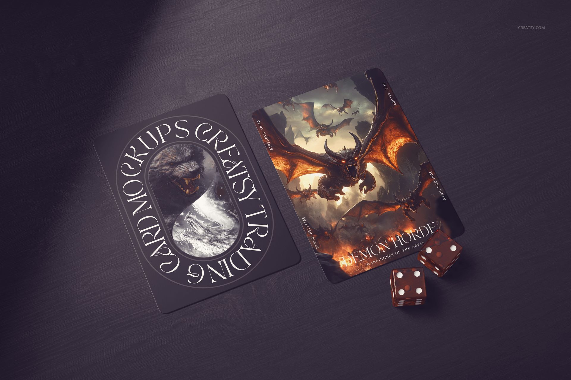 Top view of two trading cards, one with a dragon illustration and one with a mockup design, next to two dice.