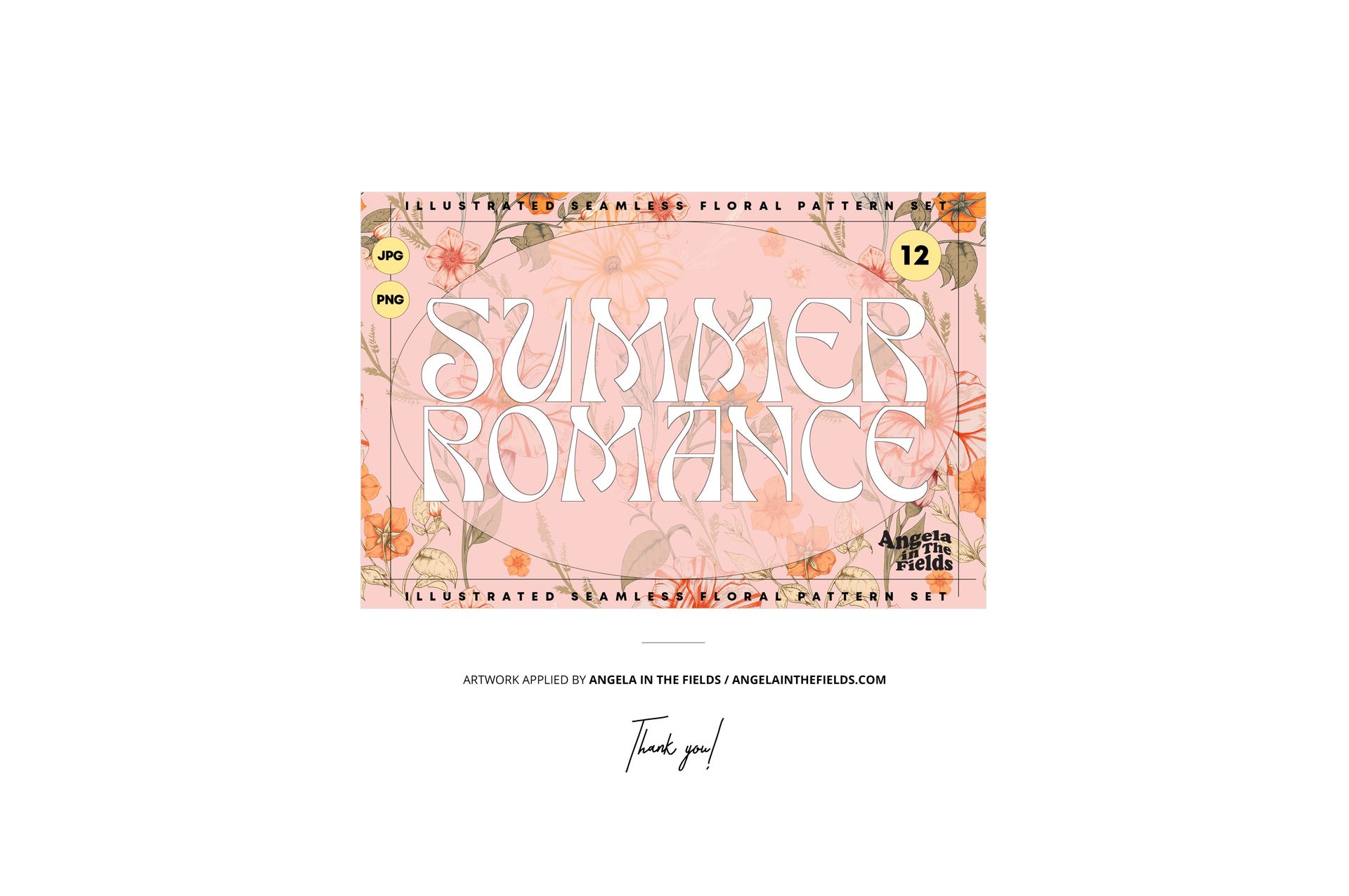 Mockup of a summer-inspired label with botanical patterns and decorative text, displayed on a clean white backdrop.