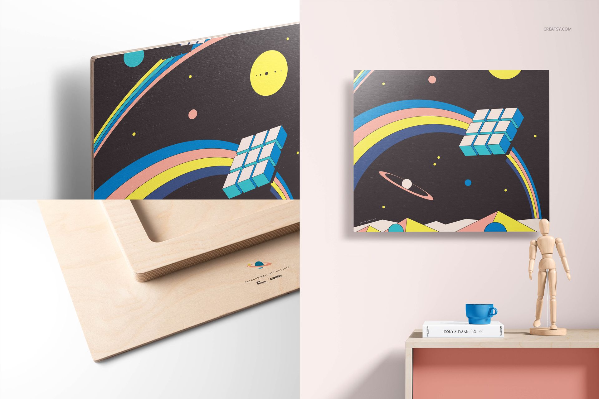 Rectangular plywood wall art mockup featuring a colorful geometric space-themed design, shown in a modern room setting.