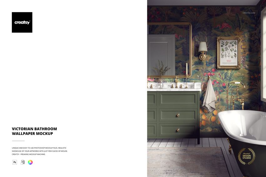 Elegant Victorian bathroom PSD mockup featuring botanical wallpaper, classic bathtub, and candle-lit decor, angled perspective.