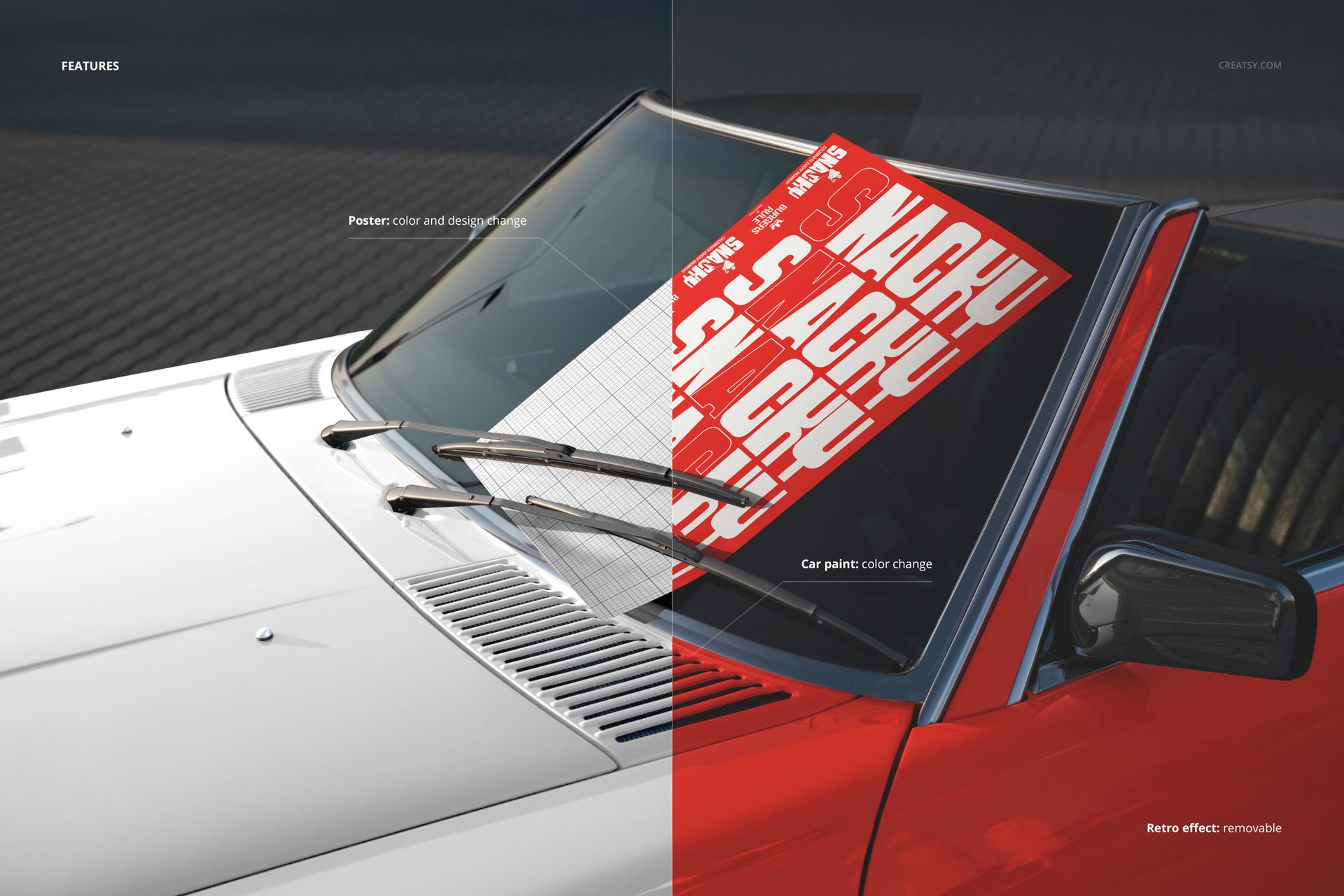 Bar poster with bold red and white design displayed on the windshield of a car, shown in a PSD mockup scene.
