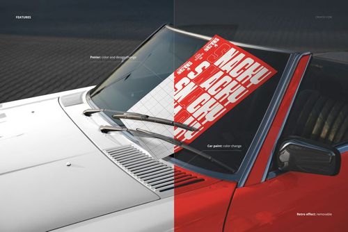 Bar poster with bold red and white design displayed on the windshield of a car, shown in a PSD mockup scene.