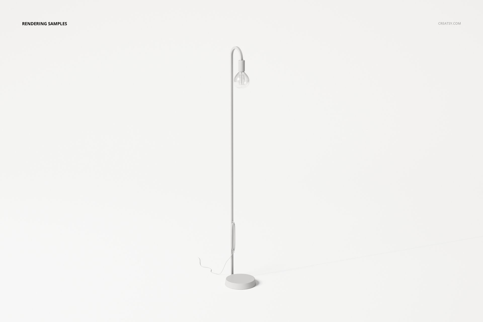 Industrial style floor lamp with a slim vertical pole and round base, shown in a minimal white setting, front view.