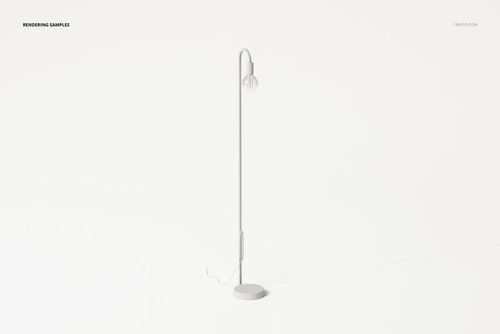 Industrial style floor lamp with a slim vertical pole and round base, shown in a minimal white setting, front view.