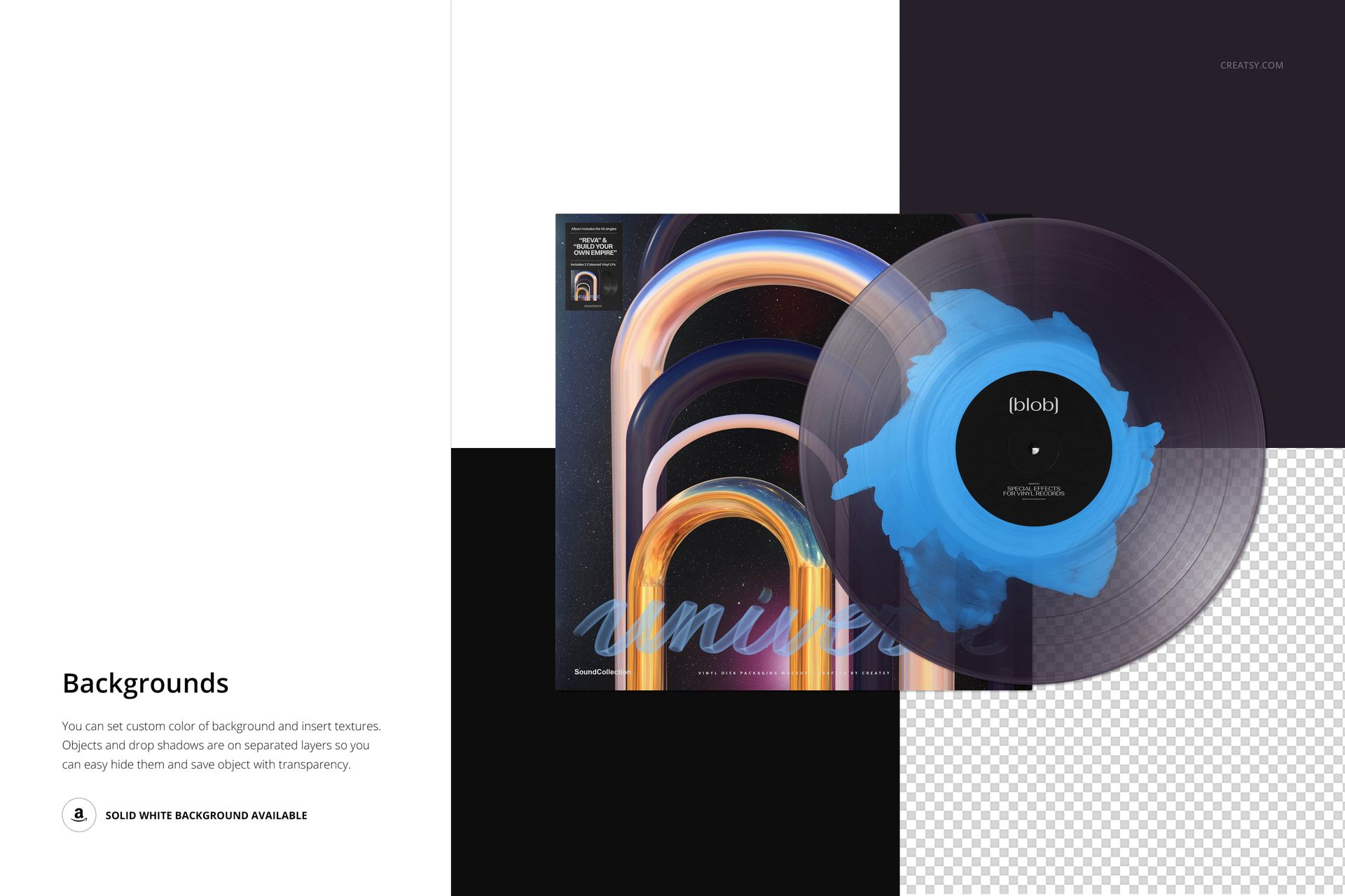Vinyl record featuring a blue blob pattern, displayed overlapping a vibrant cover with arch designs on a PSD mockup background.