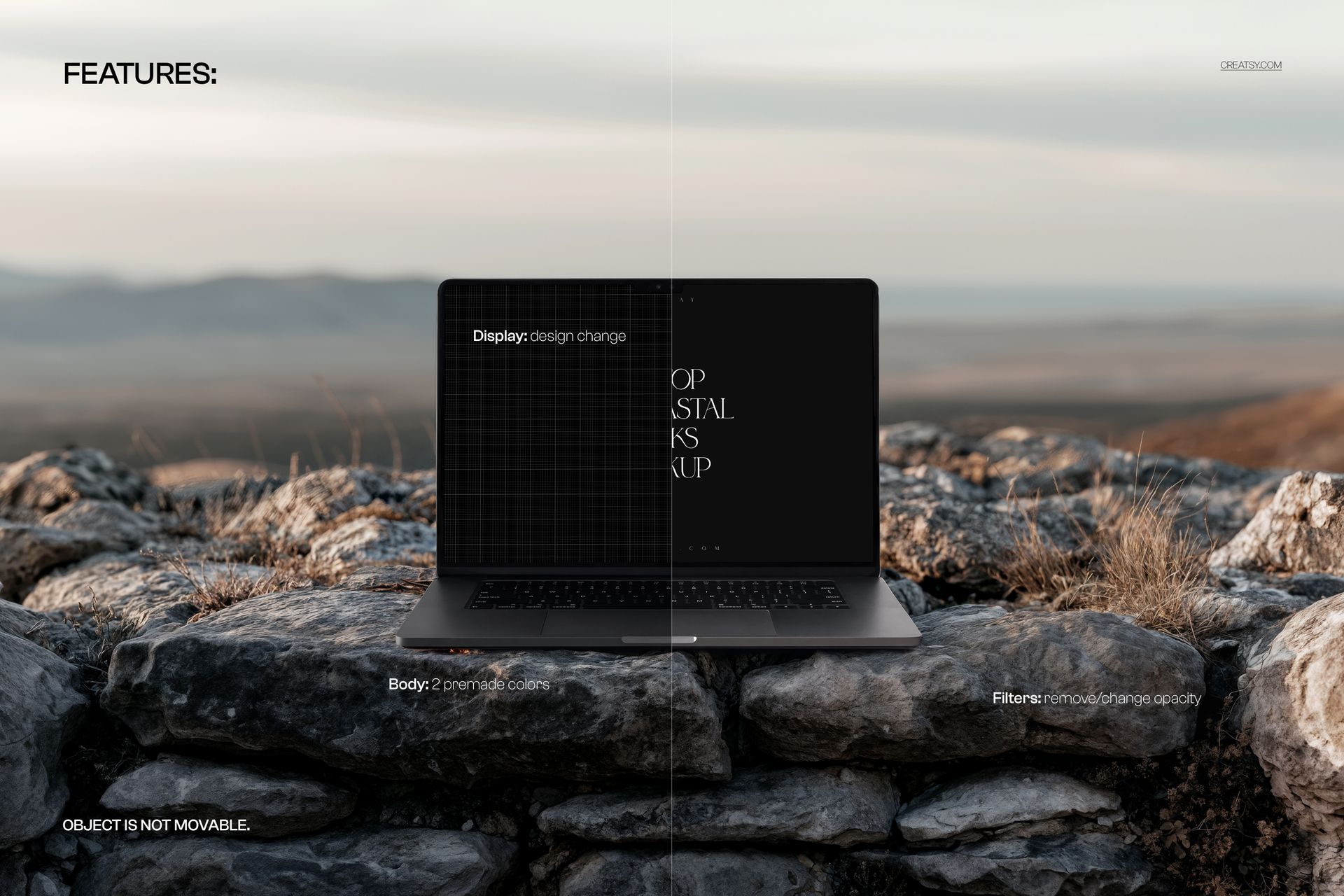 Laptop with dark screen placed on rugged coastal rocks, front view, cloudy sky in background, PSD mockup scene.