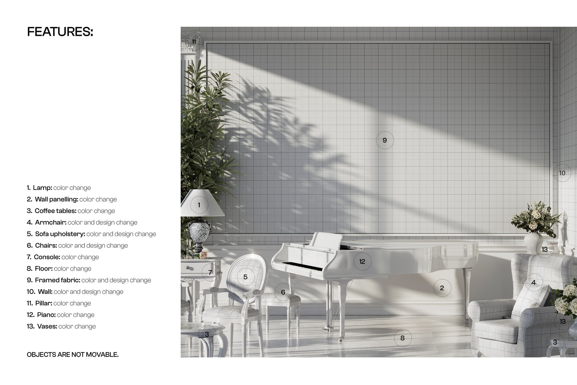 Front view of a classic living room mockup featuring a white grand piano, sofa, lamp, and decorative plants.