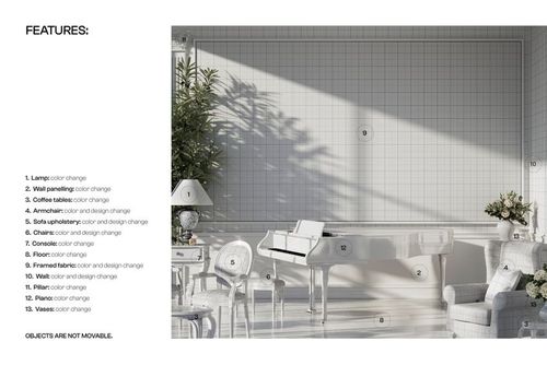 Front view of a classic living room mockup featuring a white grand piano, sofa, lamp, and decorative plants.