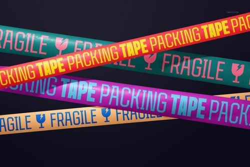 Colorful packaging tape mockup with bold text and fragile icons, displayed diagonally on a dark background.