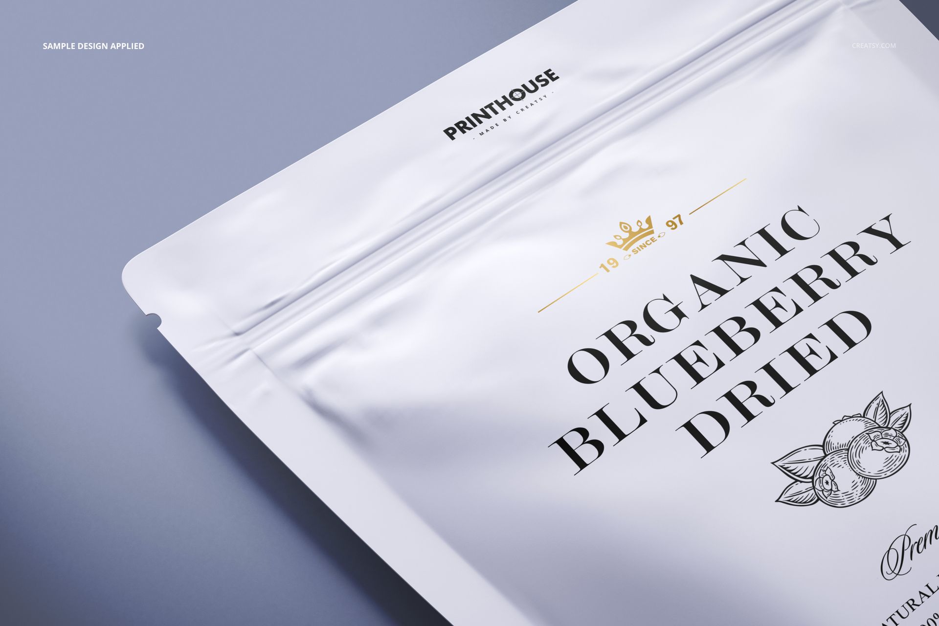 Matte stand up zip lock pouch mockup shown from a close-up angled top view, featuring a light gray background.