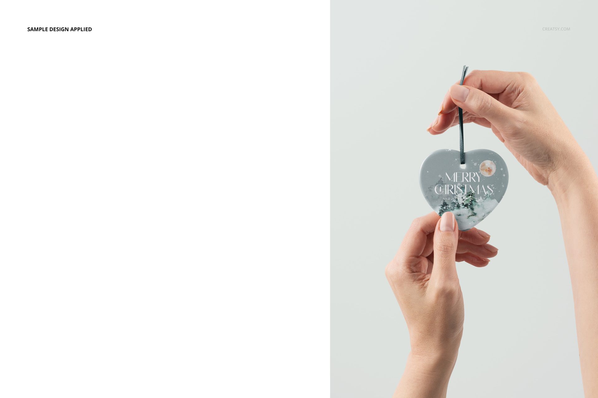 Hands holding a heart-shaped ceramic Christmas ornament with a festive design, shown in a front view mockup scene.