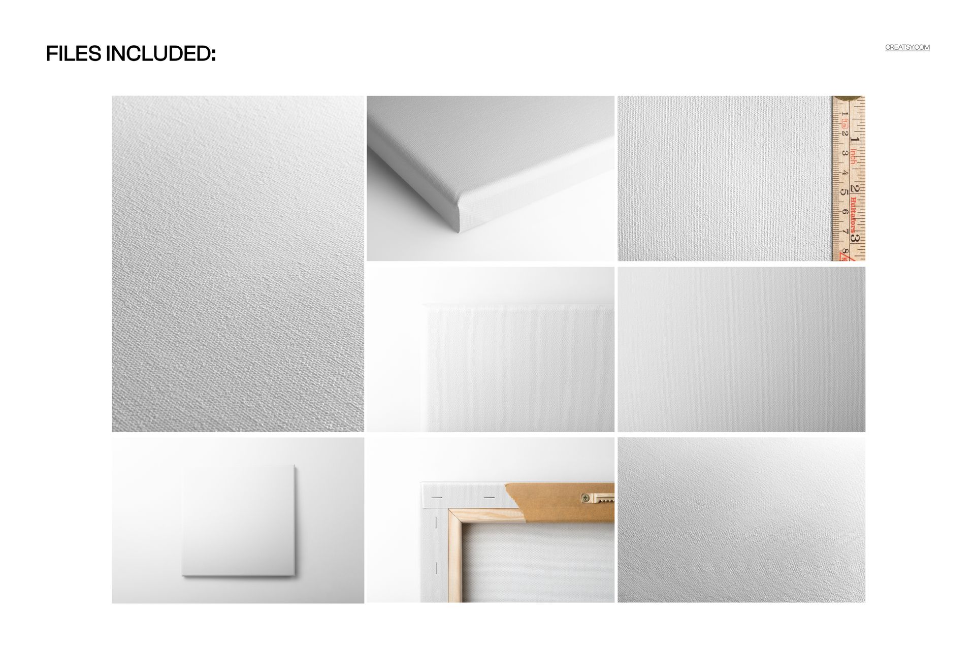 Cotton satin canvas mockup set featuring close-up and angled views of blank white canvases with textured surfaces.