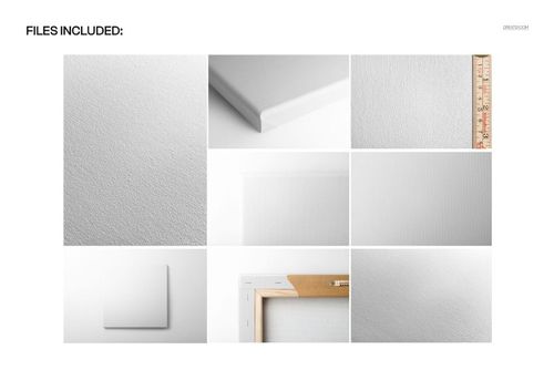Cotton satin canvas mockup set featuring close-up and angled views of blank white canvases with textured surfaces.