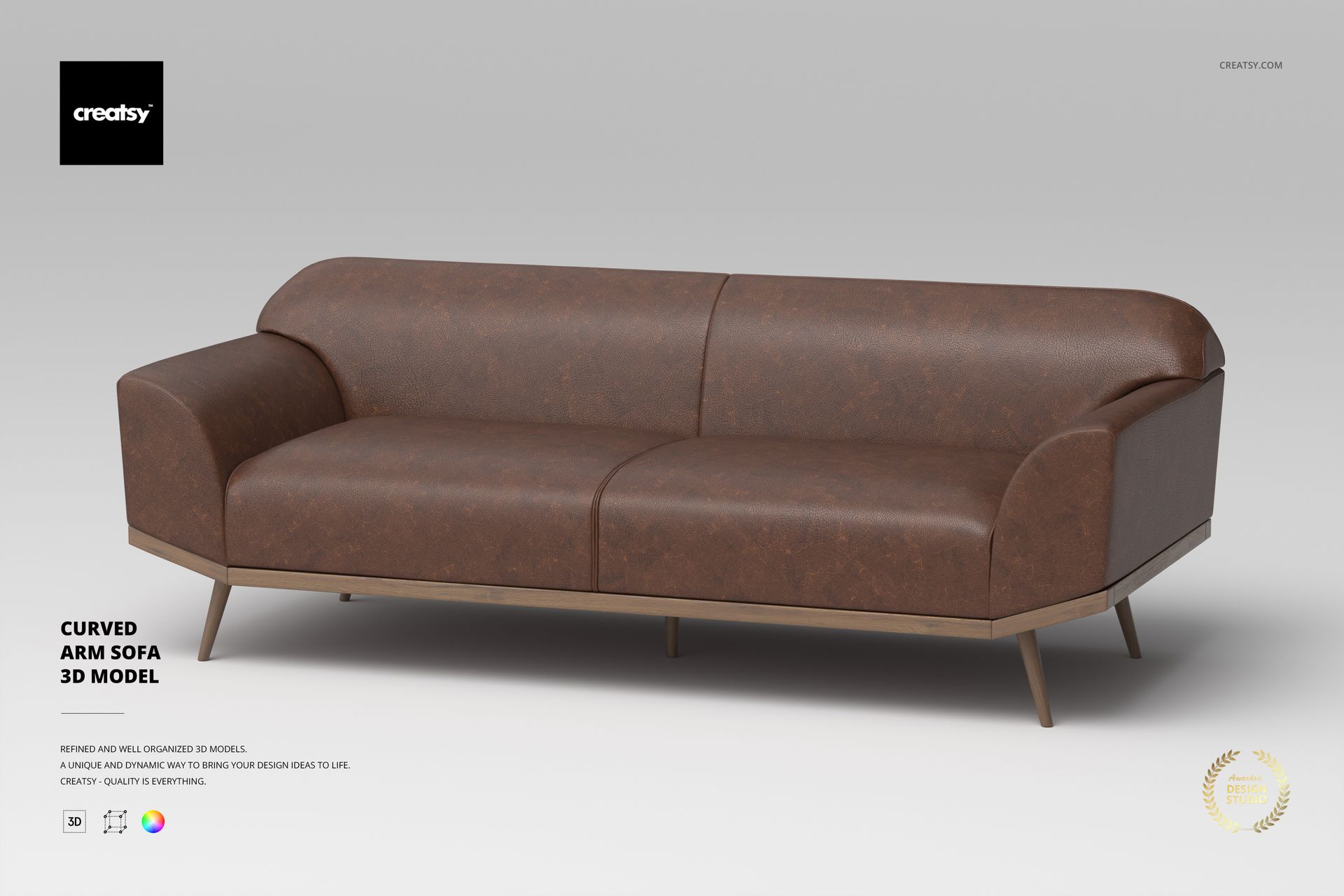 Brown curved arm sofa with smooth upholstery, shown from a front angle on a light gray background.