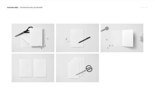 Folded card stationery mockup set featuring blank white cards in various arrangements with office props.