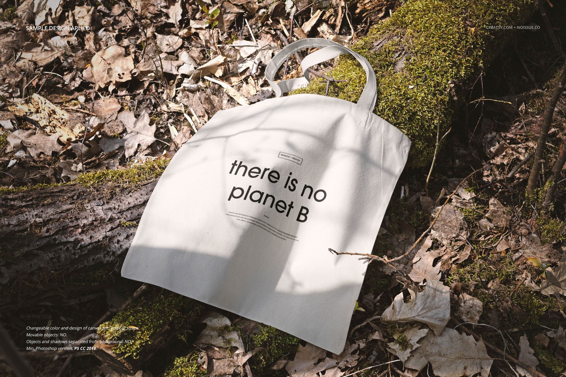 Mockup of a light-colored tote bag with printed message, displayed on natural woodland terrain with organic debris.