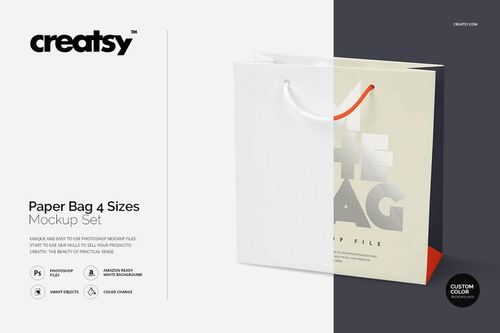 Front view of a paper bag mockup with white and silver design, featuring white and red handles on a neutral background.