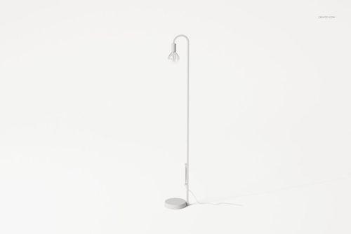 Industrial style floor lamp with a tall, slender metal frame and exposed bulb, shown on a plain white background.