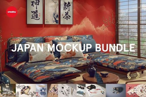 Mockup of a Japanese-style room with patterned futon mattresses, wall art, and decorative accessories, front perspective.