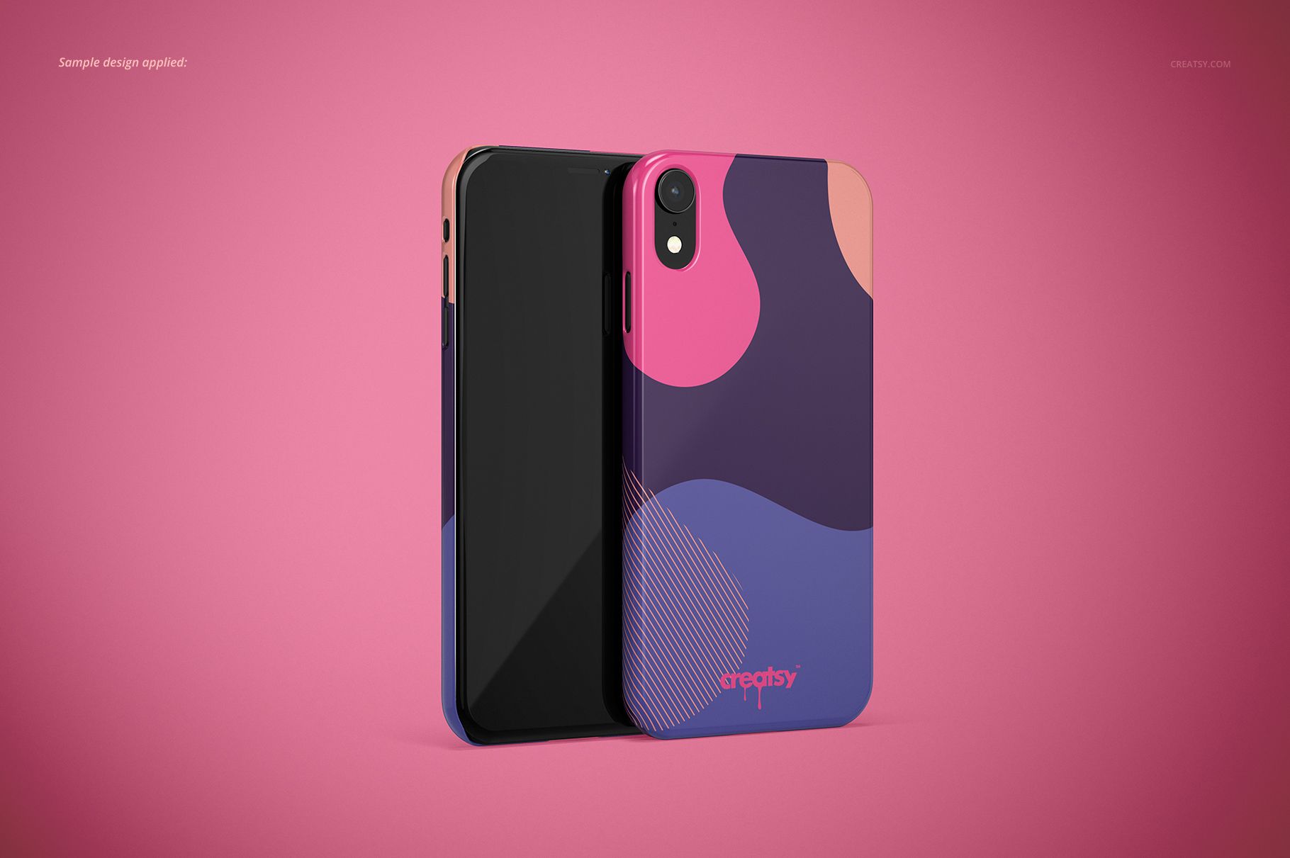 Glossy iPhone XR snap case mockup with abstract colorful shapes, shown in front and back views on a pink background.