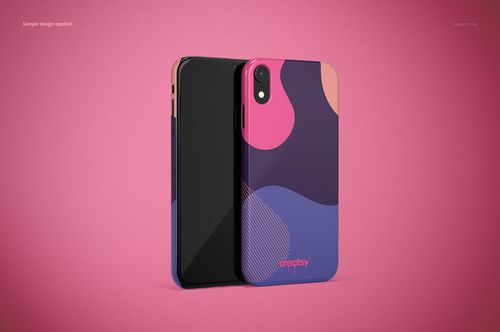 Glossy iPhone XR snap case mockup with abstract colorful shapes, shown in front and back views on a pink background.