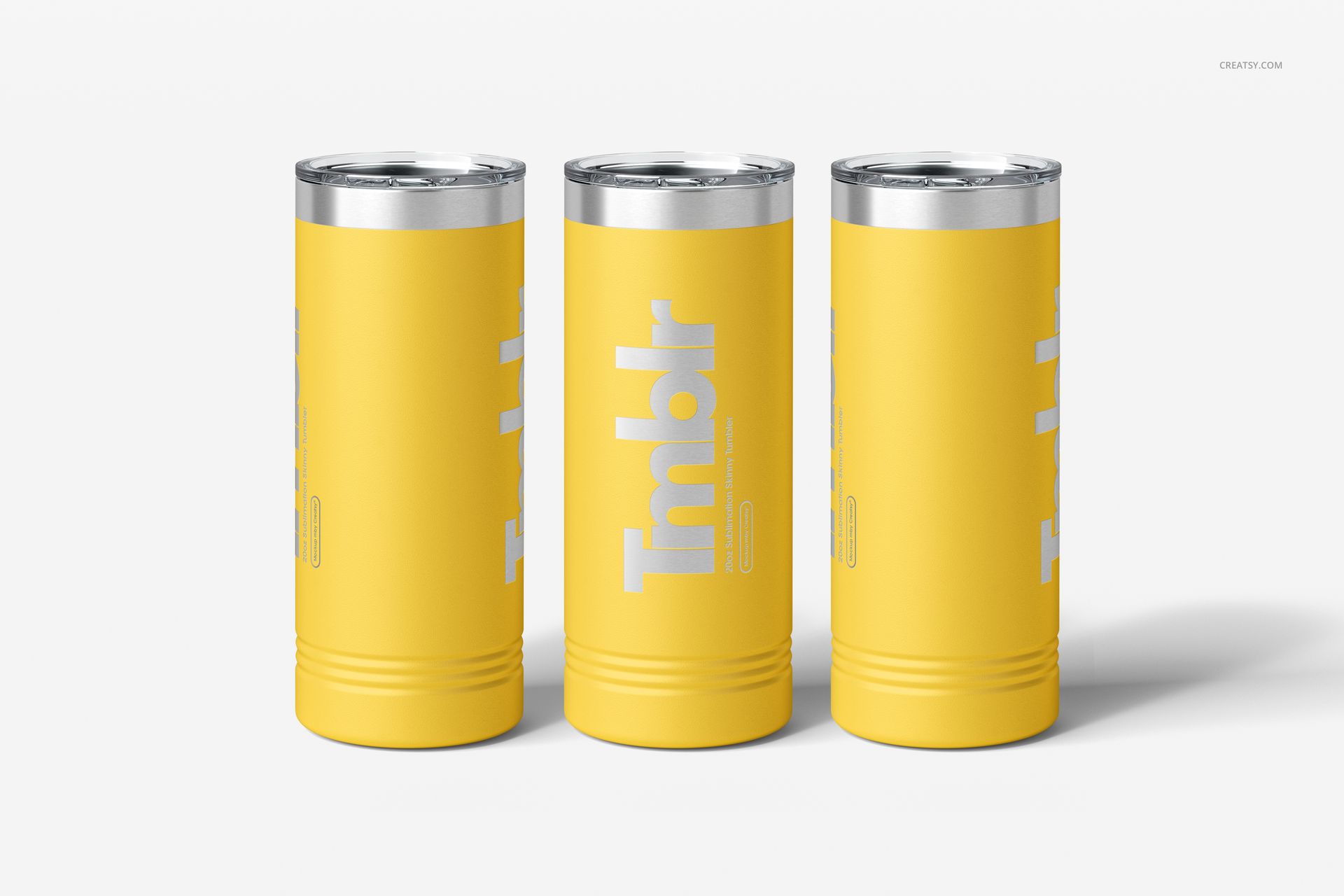 22oz tumbler mockup set featuring three bright yellow drinkware pieces with engraved text and silver tops.