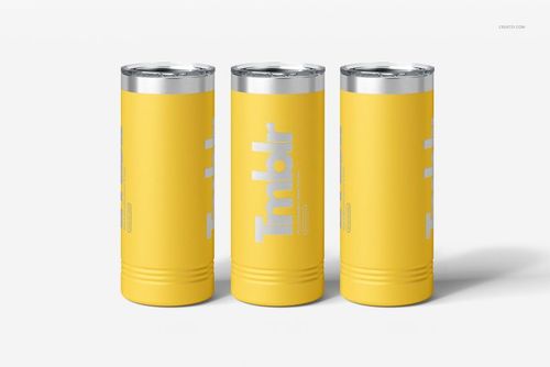 22oz tumbler mockup set featuring three bright yellow drinkware pieces with engraved text and silver tops.
