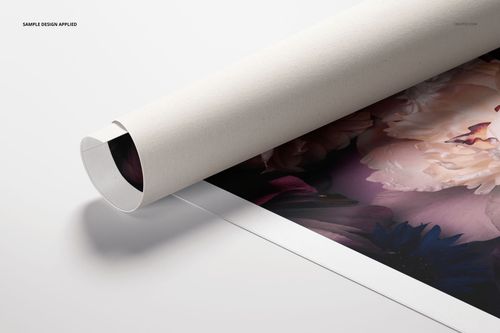 Rolled canvas print mockup displaying a partial floral artwork, presented on a plain white background.