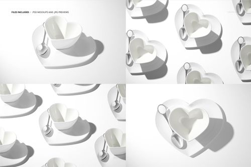 Multiple heart-shaped cup mockups with white saucers and spoons displayed from a top-down perspective in bright lighting.