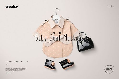 PSD mockup featuring a beige baby coat with button details, displayed with black boots and a glossy handbag.