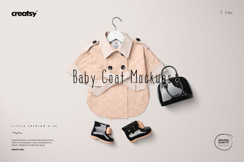 PSD mockup featuring a beige baby coat with button details, displayed with black boots and a glossy handbag.