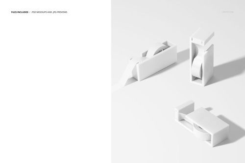 PSD mockup featuring three stationery tape cutters holding rolls of washi tape, presented in a clean scene.