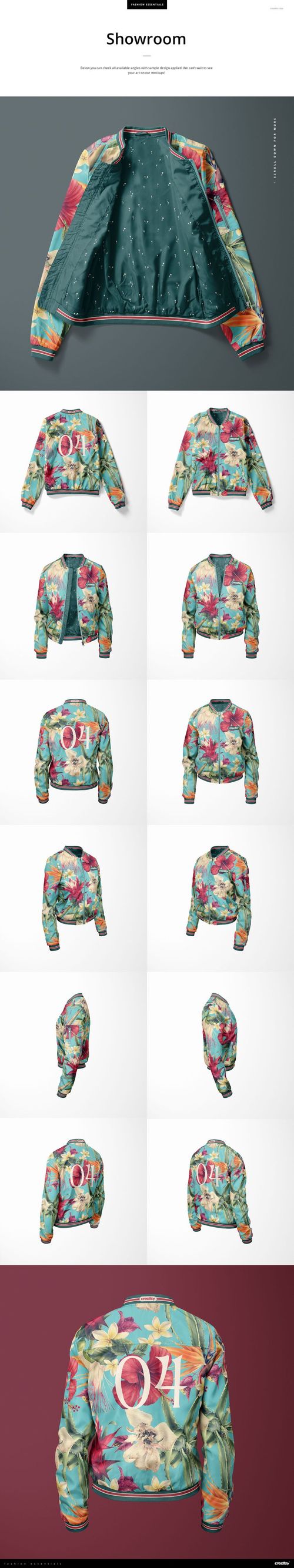 Women's bomber jacket mockup featuring a floral pattern in teal, pink, and yellow, shown in multiple views and angles.