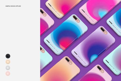 PSD mockup showing iPhone 7 Plus and 8 Plus plastic cases with swirling gradient designs, displayed in a diagonal layout.