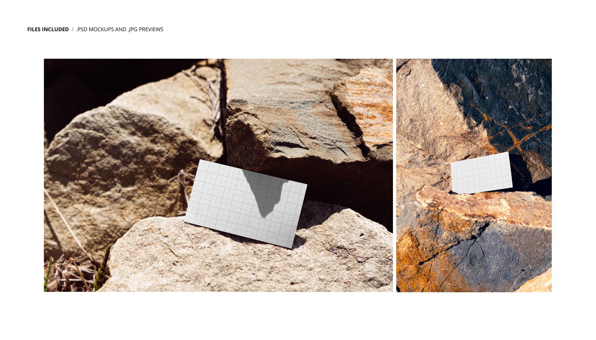 Rectangular business card mockup placed on textured rusty rocks, shown from a top-down and angled perspective outdoors.