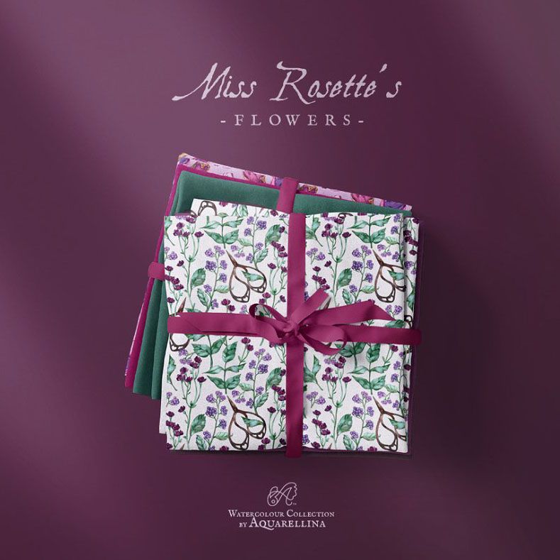 Fabric stack mockup featuring folded fabrics with floral patterns, tied with a purple ribbon, on a purple background.