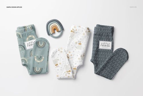 Footed baby leggings mockup set displayed in three color variations, shown from a top view on a white surface.