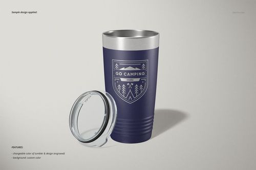 Front view of a 20oz stainless steel tumbler mockup with a dark blue exterior and camping-themed design, lid placed beside.