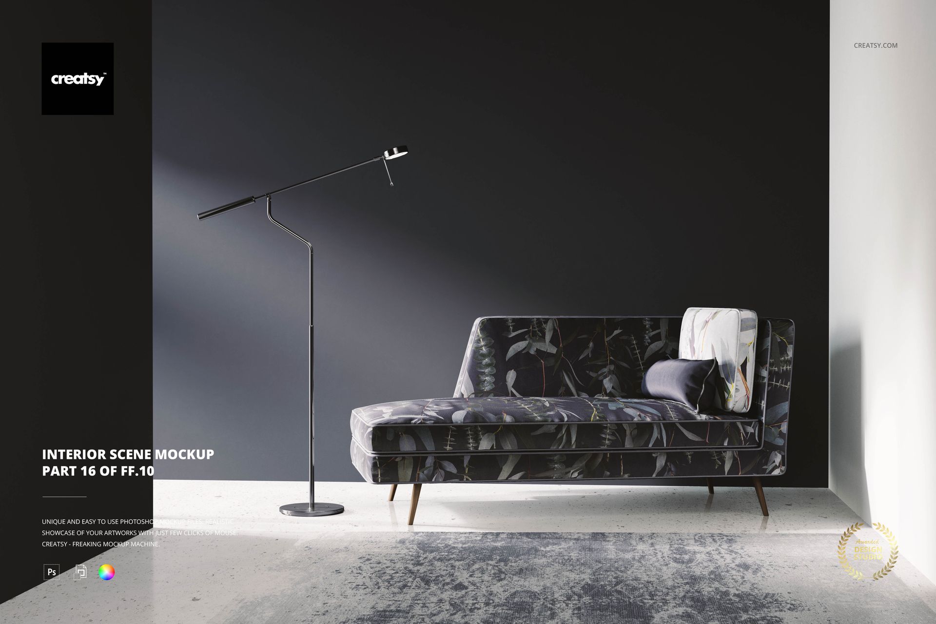 Chaise lounge sofa with botanical patterned upholstery in a modern interior scene, front view, PSD mockup.