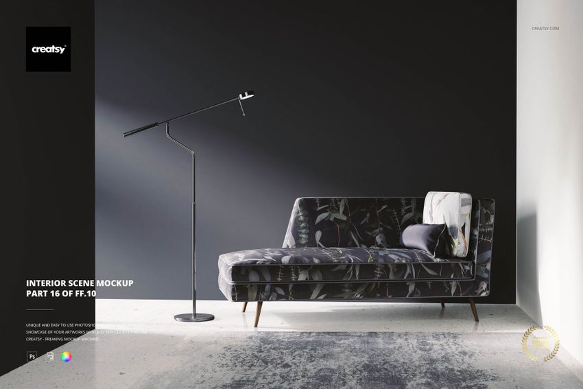 Chaise lounge sofa with botanical patterned upholstery in a modern interior scene, front view, PSD mockup.