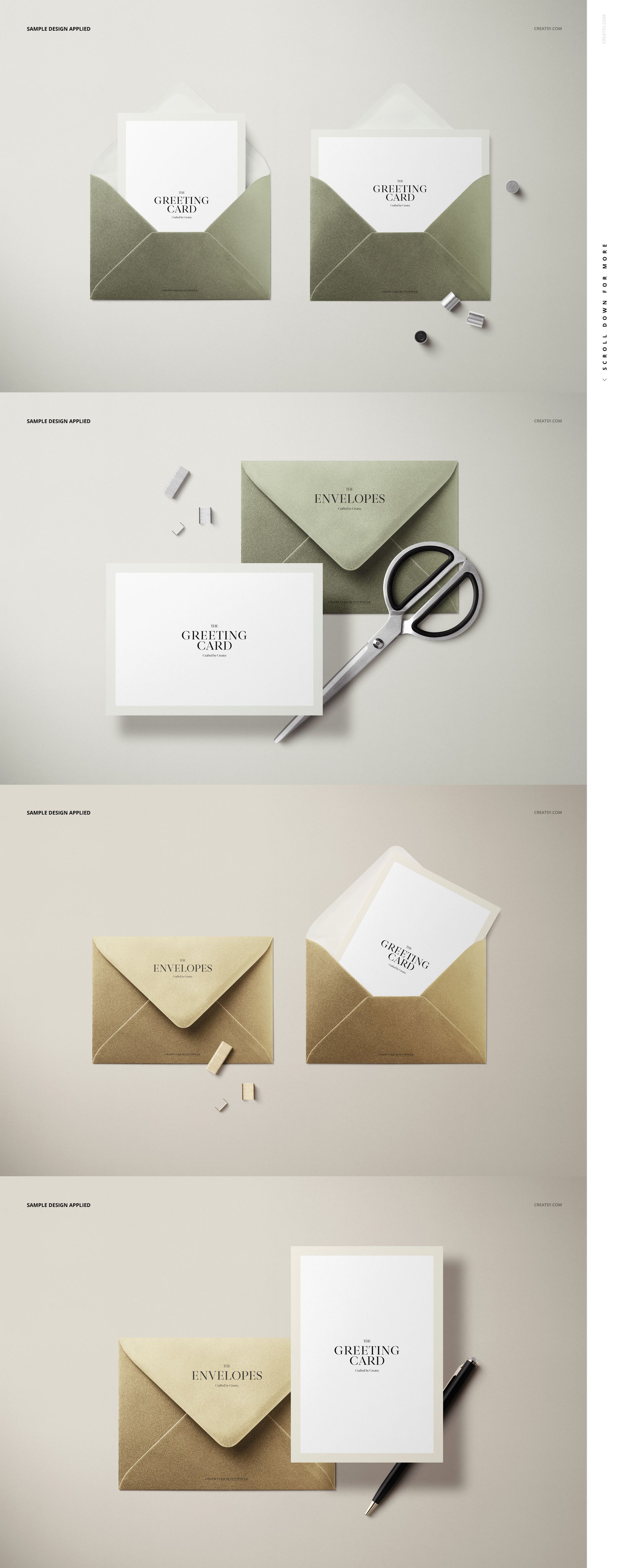 Envelopes and cards mockup bundle shown in beige and olive colors, arranged with scissors and paper clips on a desk.