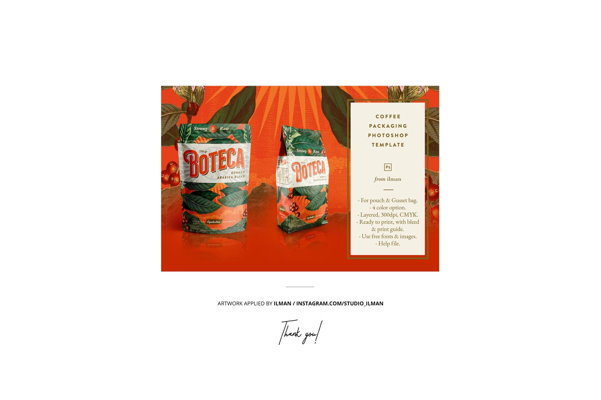 PSD mockup of doypack bag pouches with illustrated leaves and flowers, shown from the front with a warm orange theme.
