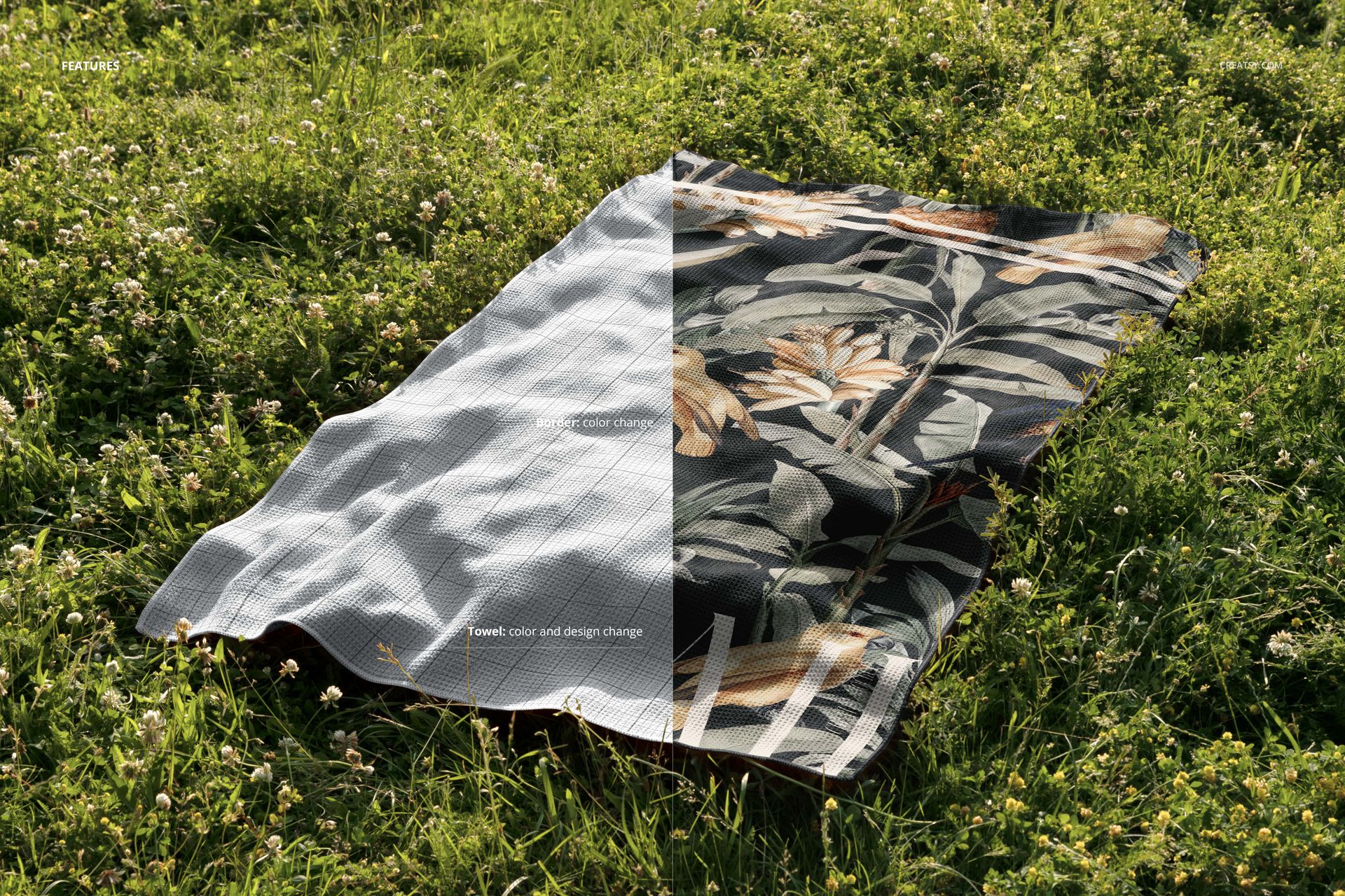 Waffle beach towel mockup lying on green grass, featuring a split design with a floral pattern and solid color.