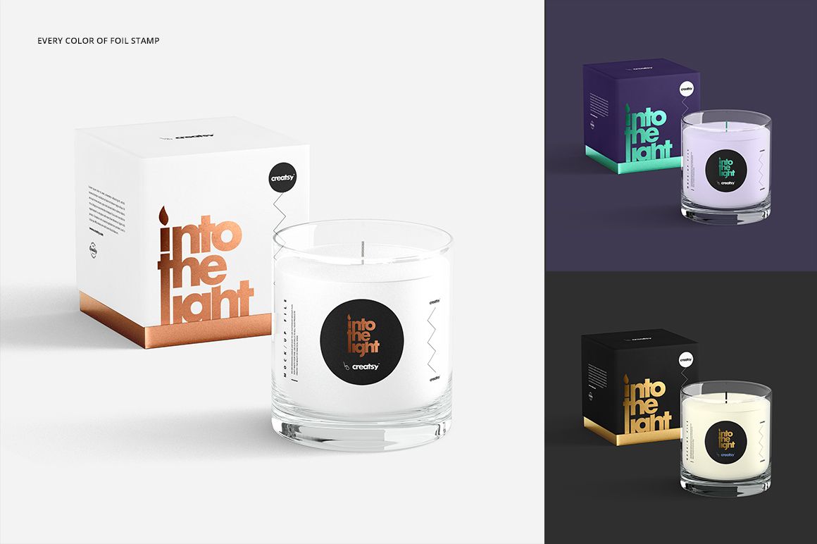 Ultimate Scented Candle mockup featuring a glass candle with white wax and three packaging color variations.