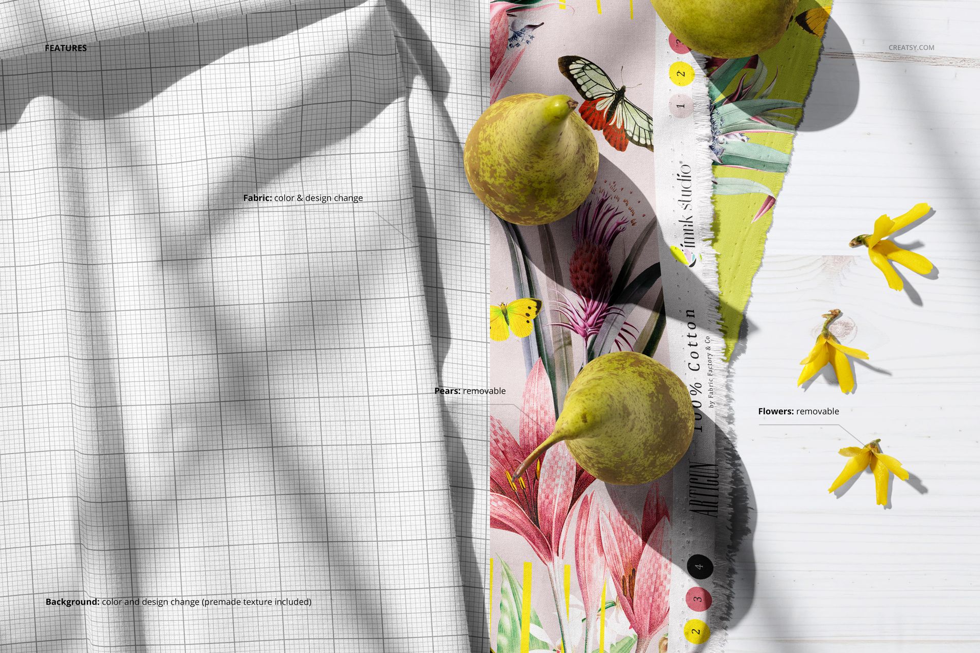 Cotton fabrics mockup featuring a plain white textile and a colorful patterned fabric with butterflies and flowers, top view.